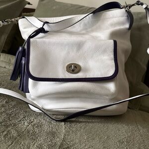 White leather coat bag with a beautiful purple trim